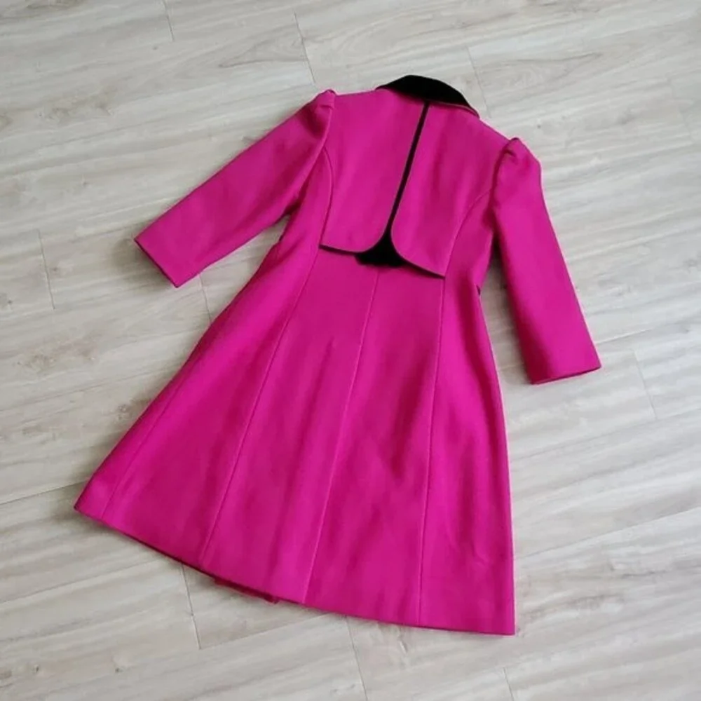Vintage 70s/80s Rothschild Pink Wool Black Velvet Coat - Picture 2 of 12